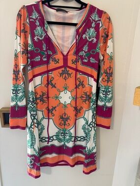 Hale Bob Orange, Fuchsia & Teal Printed V-Neck Tunic